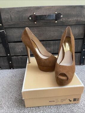 Michael Kors Milan Suede Peep-Toe Platform Heels in Caramel